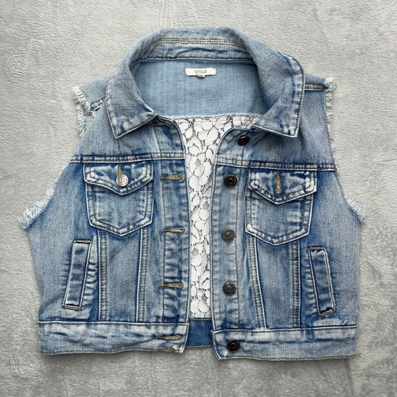 Chille Jackets & Blazers - Chiqle Denim Architect Lace Back Jean Vest Women Medium Blue Frayed Distressed